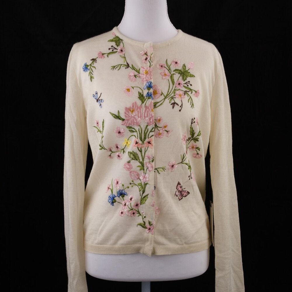 Giambattista Valli Floral Embroidered Knit Cardigan, Ivory, Size IT 42/US 6